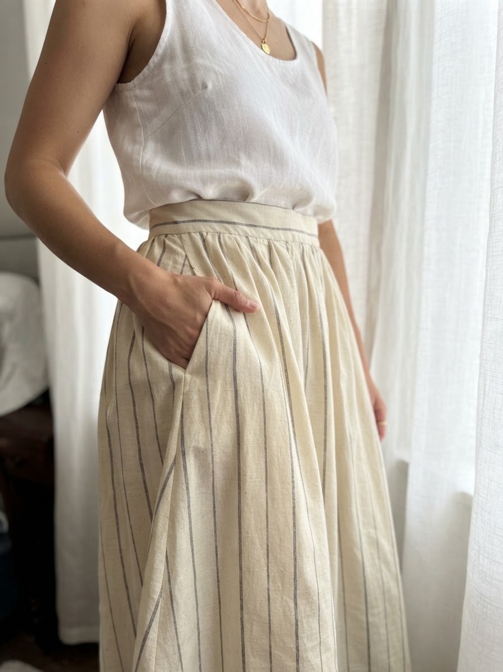 Mango Cream Skirt with Gray Pinstripes